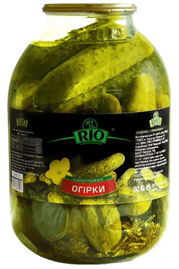 Огірки консервовані RIO, першого сорту, маринад з оцтом, фасування 3 кг